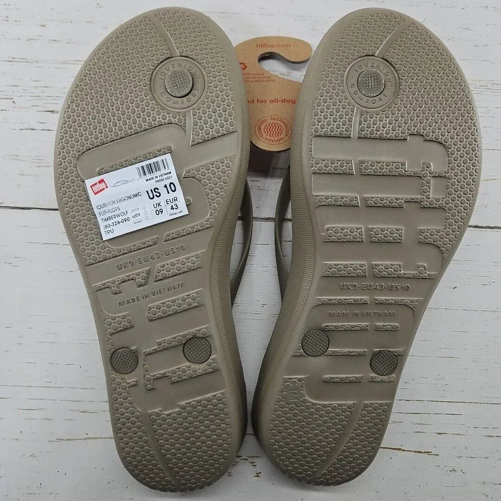 FitFlop Iqushion Mens 10 Timberwolf Beige Ergonomic Flip Flops‎ Rubber Sandal